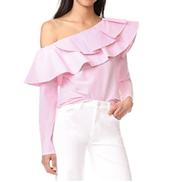 Luxe by Stylekeepers Tops - StyleKeepers Pink and White Stripe One Shoulder Long Sleeve Ruffle Top Size Sm
